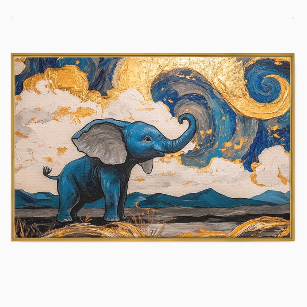 Tablou canvas cu tablou canvas cu elefant albastru, in rama de aluminiu auriu